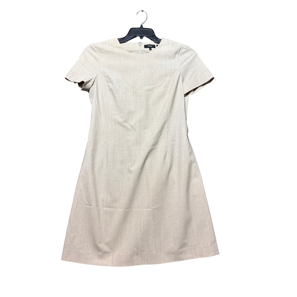 Theory Shift Dress Women 6 Beige Excellent Traceable Wool Short Sleeve